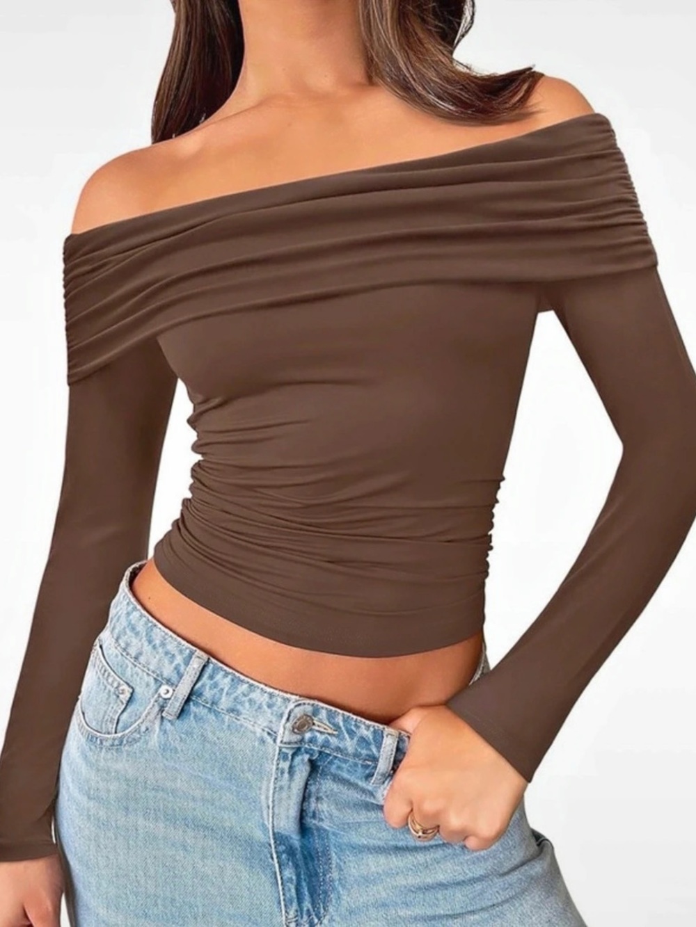 Ruched Off-the-Shoulder Brown Top